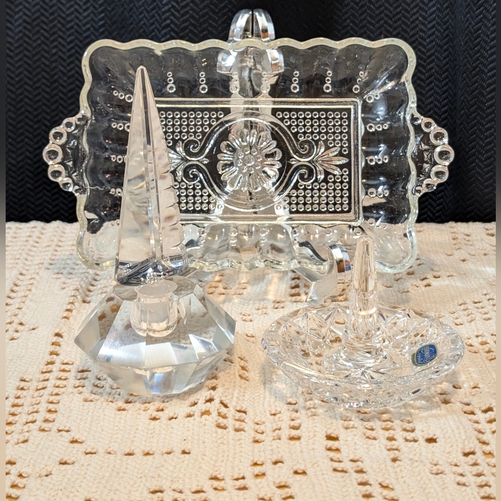 Vintage 1960s Japanese Lead Crystal Vanity Set, Perfume Bottle, Tray & Ring Dish